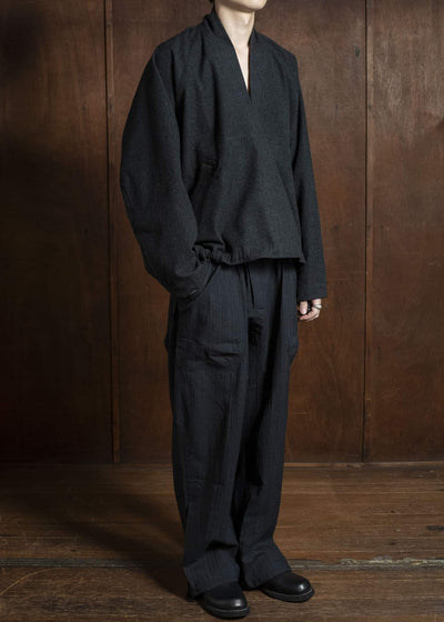 JAN-JAN VAN ESSCHE SWEAT#65 KIMONO COLLAR WOVEN SWEAT WITH JET POCKETS Soft Brushed Twill Anthracite