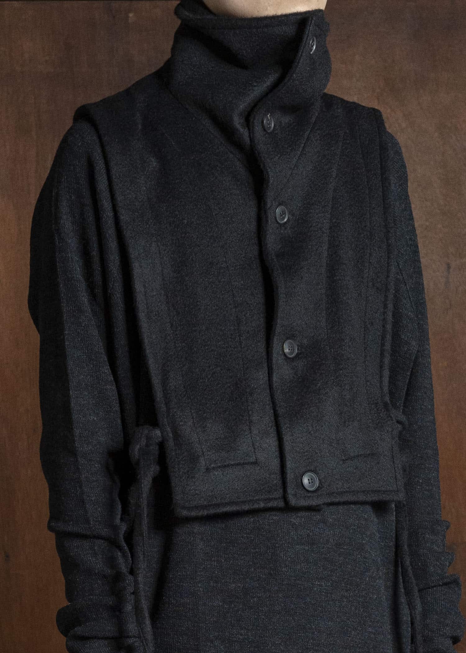 JAN-JAN VAN ESSCHE COLLAR PIECE#2 COLLAR PIECE WITH HIGH, STANDING COLLAR AND SIDE STRINGS Washed Velvet Yak Jet Black