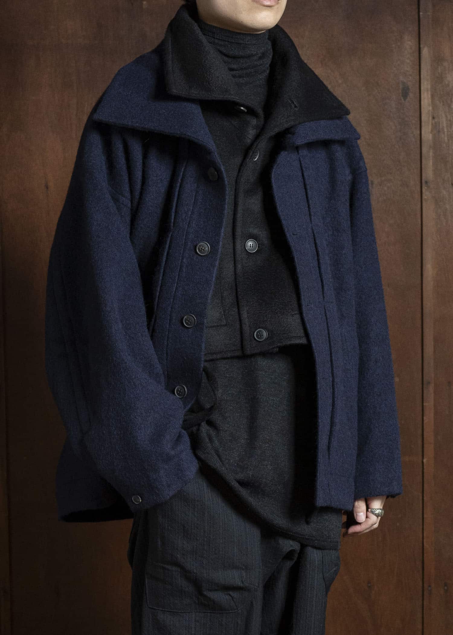 JAN-JAN VAN ESSCHE COLLAR PIECE#2 COLLAR PIECE WITH HIGH, STANDING COLLAR AND SIDE STRINGS Washed Velvet Yak Jet Black