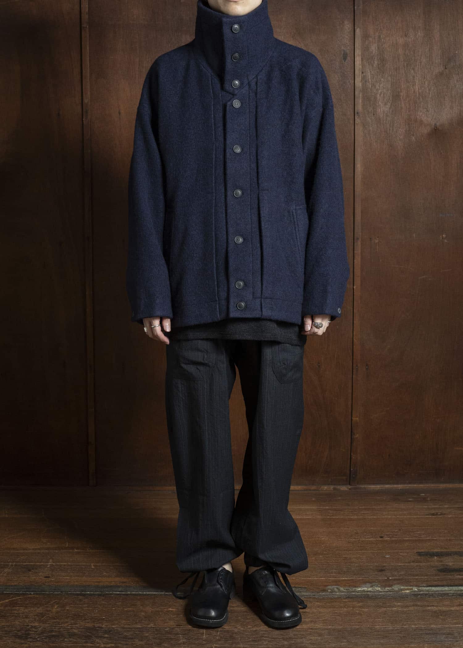 JAN-JAN VAN ESSCHE JACKET#61 JACKET WITH HIGH, STANDING COLLAR AND FRONT PLEAT Brushed Alpaca Wool Midnight