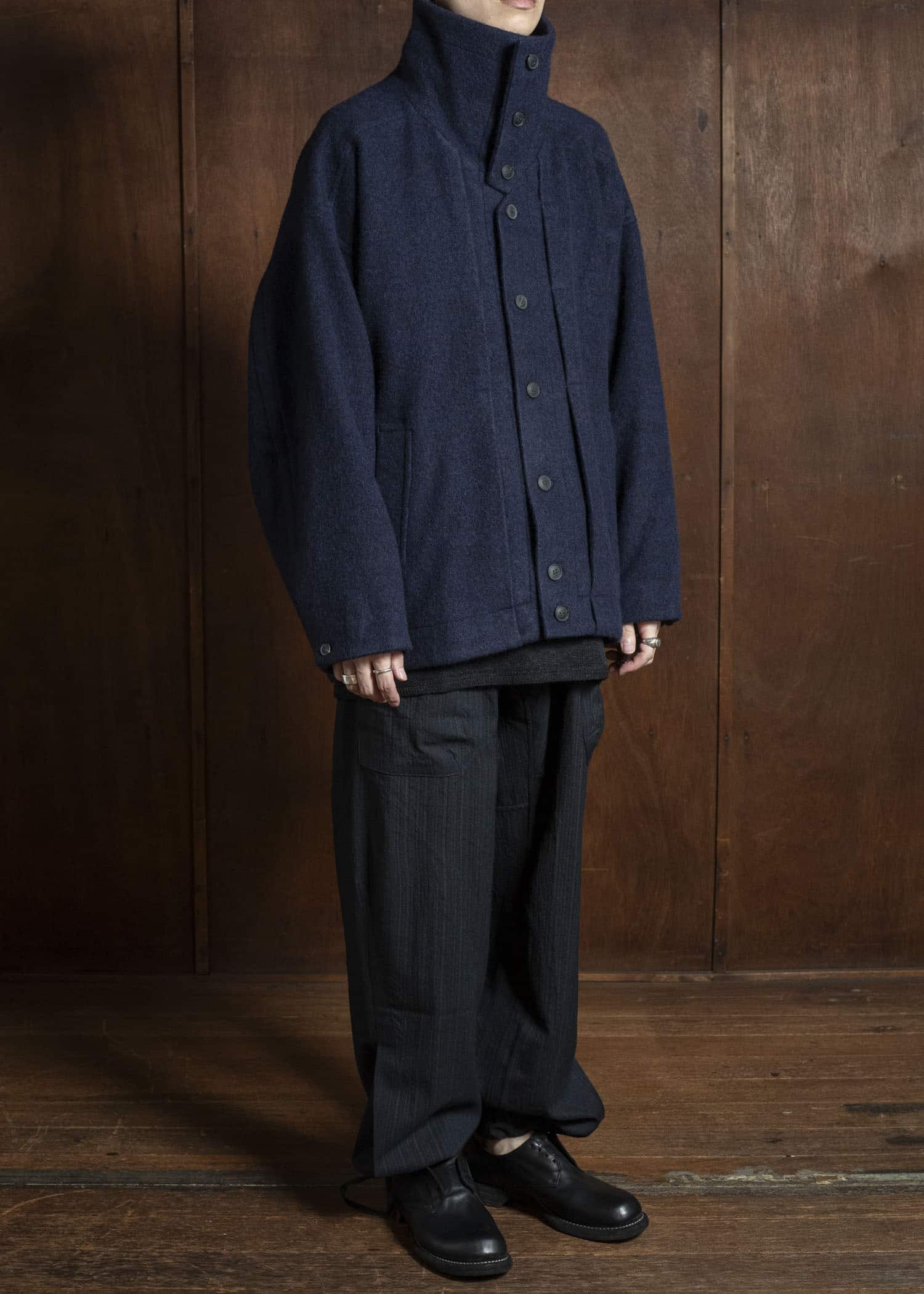 JAN-JAN VAN ESSCHE JACKET#61 JACKET WITH HIGH, STANDING COLLAR AND FRONT PLEAT Brushed Alpaca Wool Midnight
