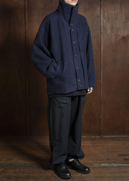 JAN-JAN VAN ESSCHE JACKET#61 JACKET WITH HIGH, STANDING COLLAR AND FRONT PLEAT Brushed Alpaca Wool Midnight