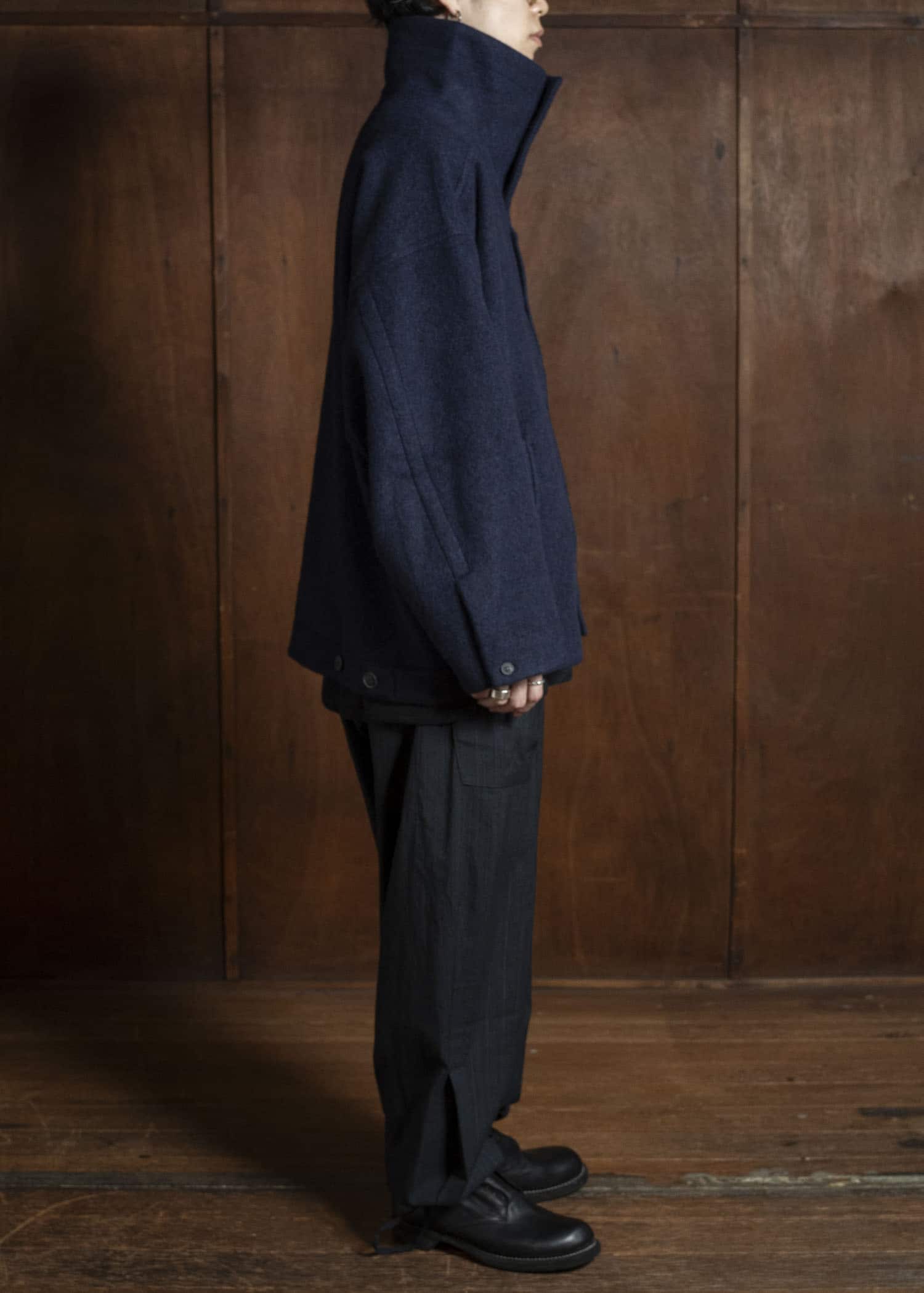 JAN-JAN VAN ESSCHE JACKET#61 JACKET WITH HIGH, STANDING COLLAR AND FRONT PLEAT Brushed Alpaca Wool Midnight