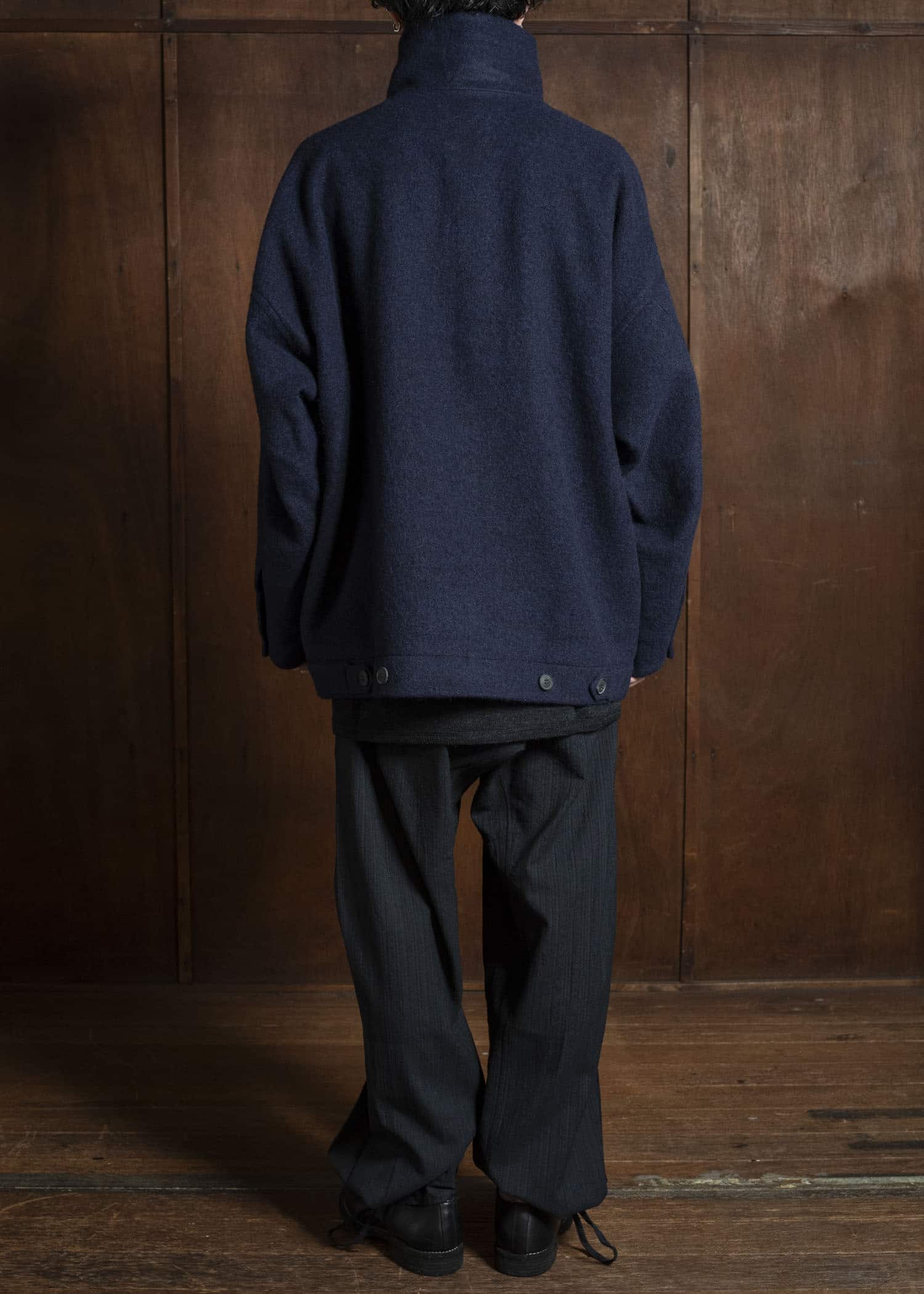 JAN-JAN VAN ESSCHE JACKET#61 JACKET WITH HIGH, STANDING COLLAR AND FRONT PLEAT Brushed Alpaca Wool Midnight