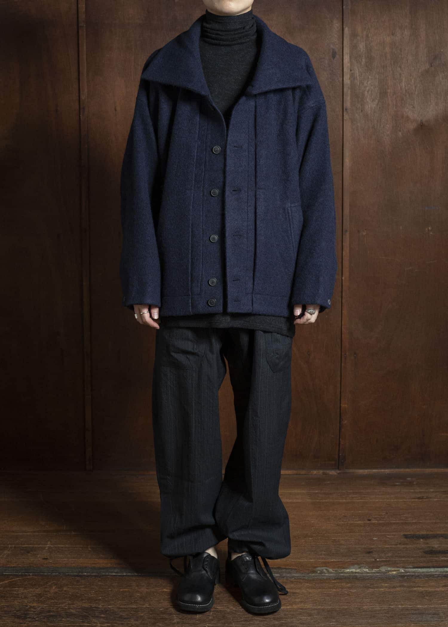 JAN-JAN VAN ESSCHE JACKET#61 JACKET WITH HIGH, STANDING COLLAR AND FRONT PLEAT Brushed Alpaca Wool Midnight