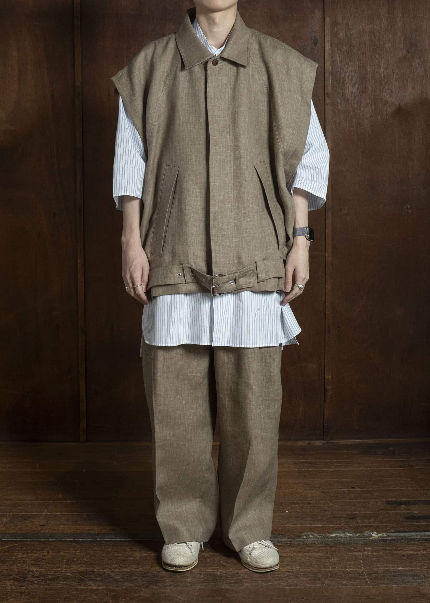 HED MAYNER HERRINGBONE HEAVY LINEN VEST BROWN HMMC10051AHC161