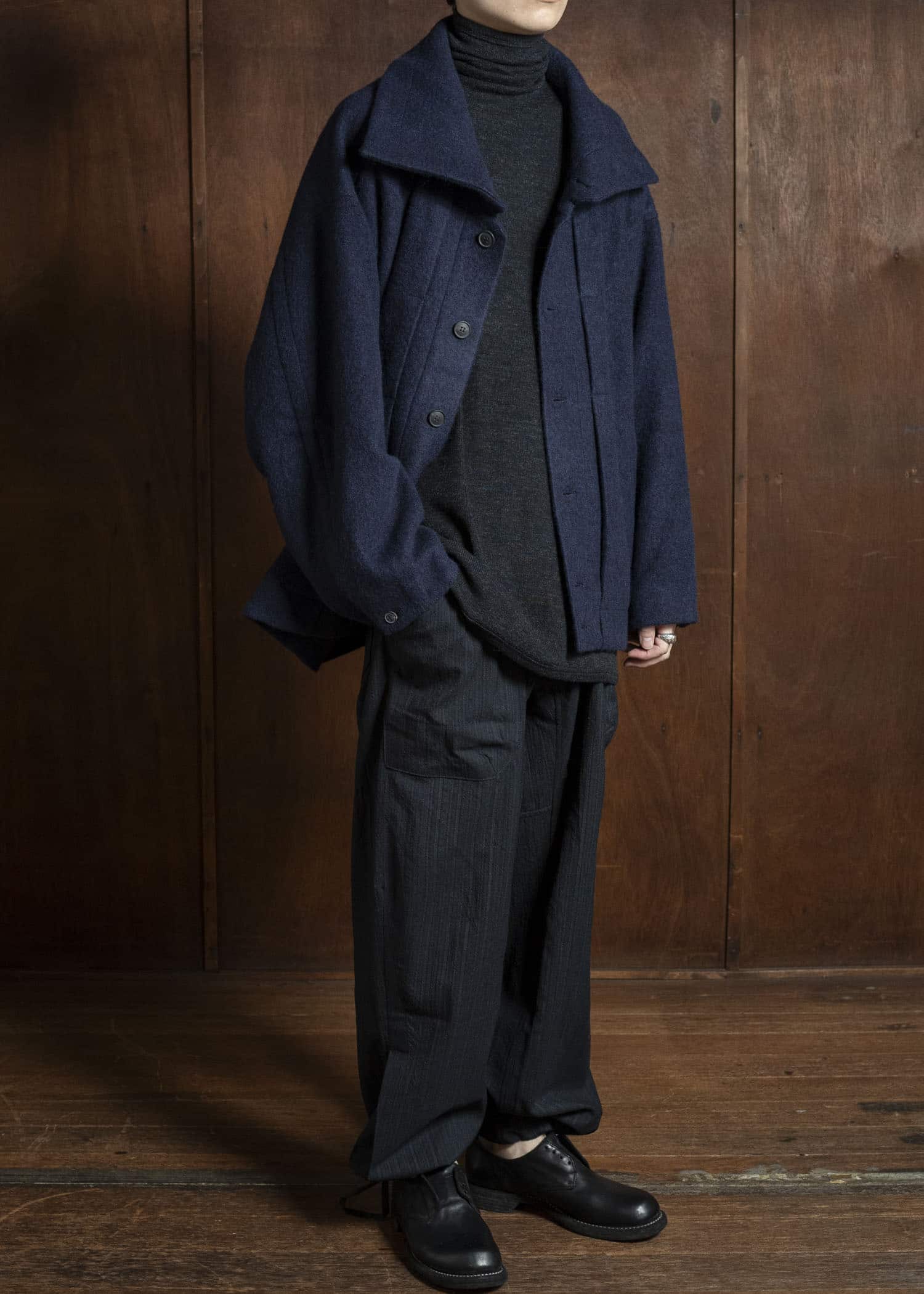 JAN-JAN VAN ESSCHE JACKET#61 JACKET WITH HIGH, STANDING COLLAR AND FRONT PLEAT Brushed Alpaca Wool Midnight