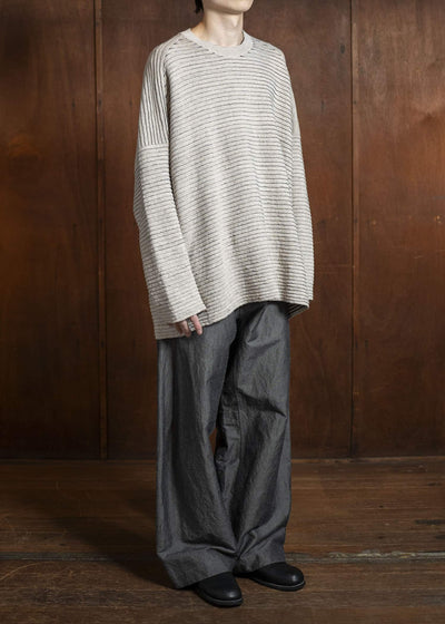 JAN-JAN VAN ESSCHE KNIT#70-LINEN COTTON YARN BEIGE Ripple Structure Crewneck Knitted Sweater Linen Cotton Yarn Beige