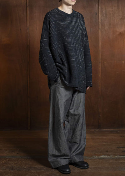 JAN-JAN VAN ESSCHE KNIT#70-LINEN COTTON YARN BLACK Ripple Structure Crewneck Knitted Sweater Linen Cotton Yarn Black