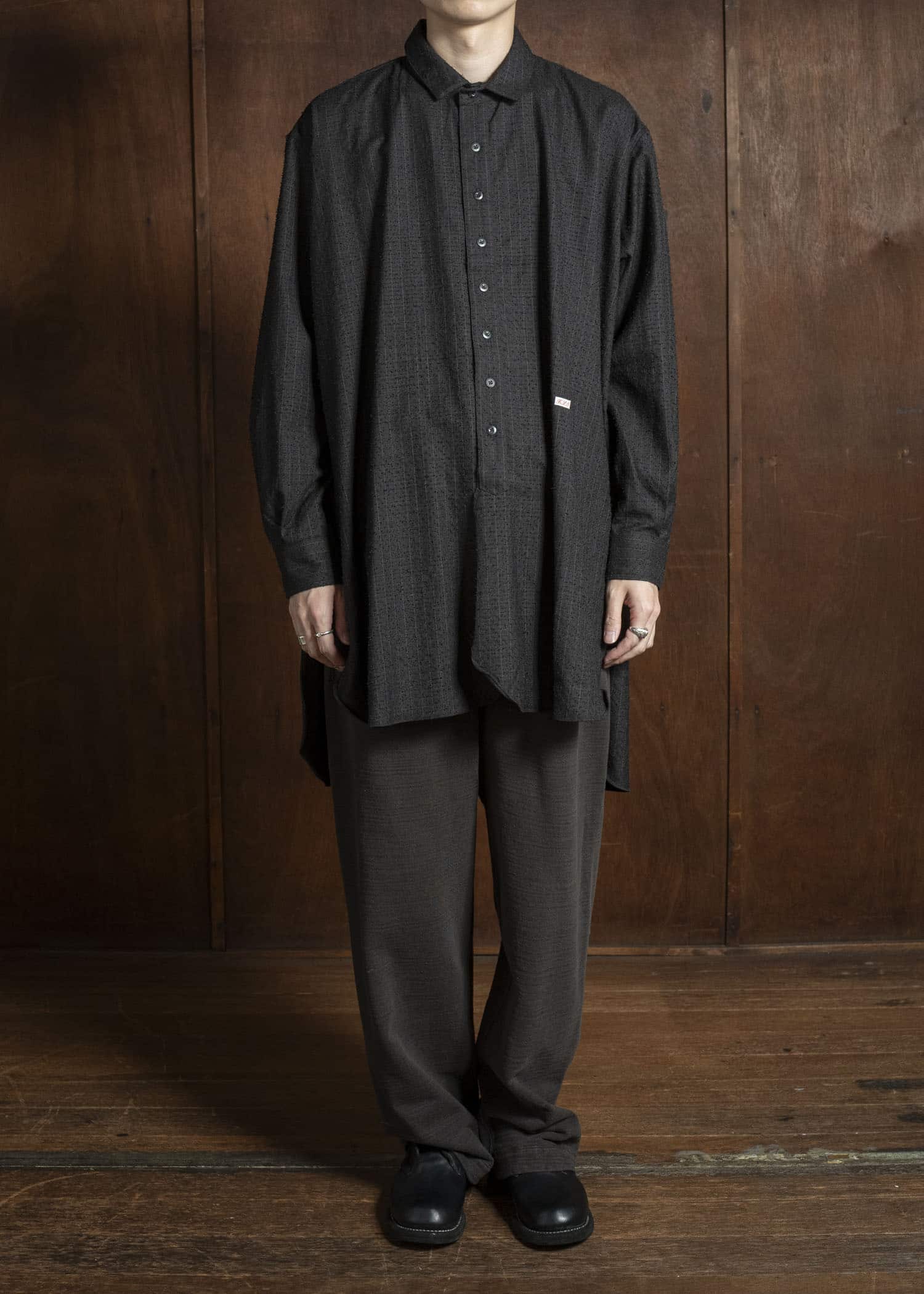 KLASICA 25F-SH39-C20 SH-039 - fn Relaxed Fit Wool Long Shirts IRON BROWN STRIPES