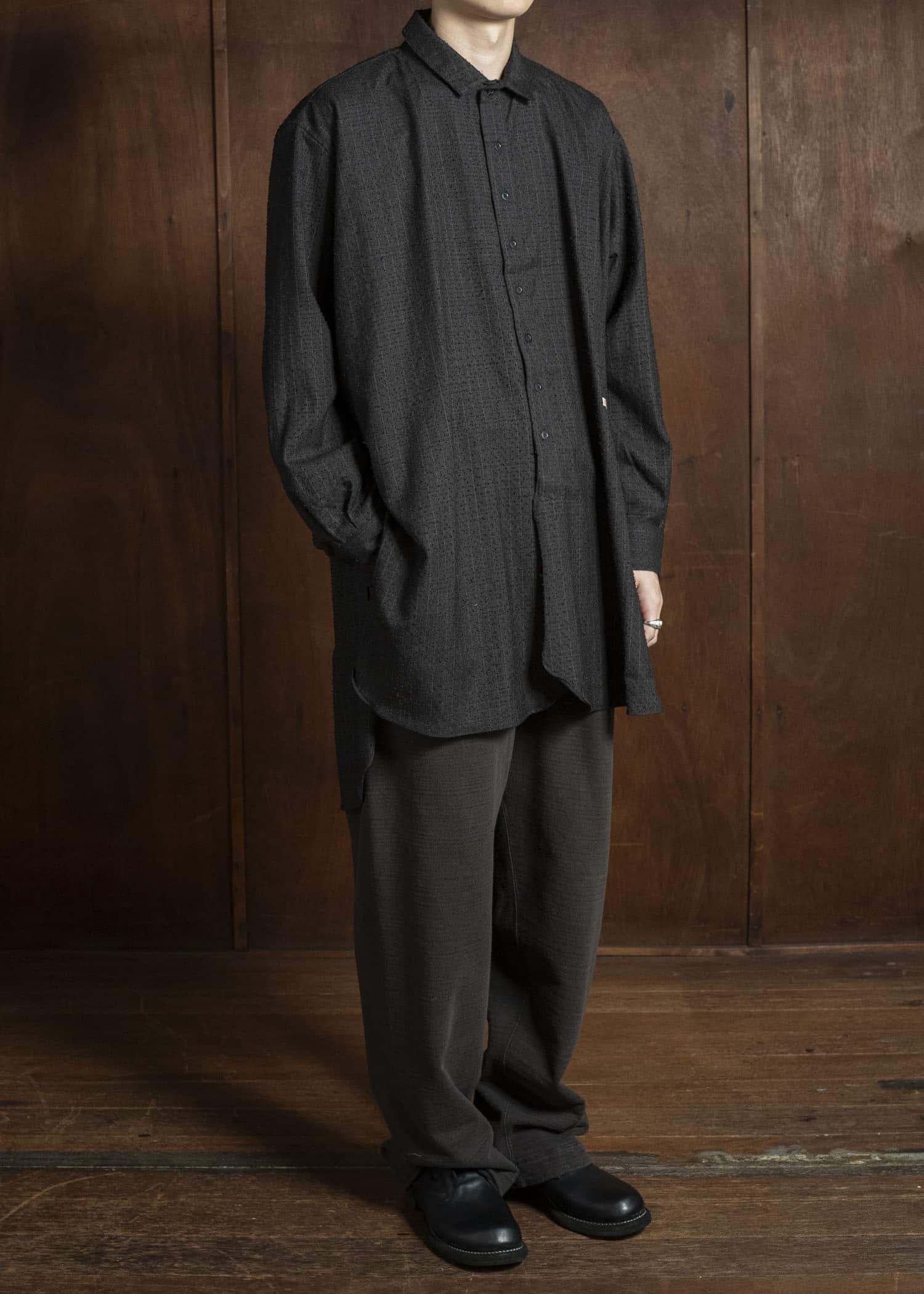 KLASICA 25F-SH39-C20 SH-039 - fn Relaxed Fit Wool Long Shirts IRON BROWN STRIPES