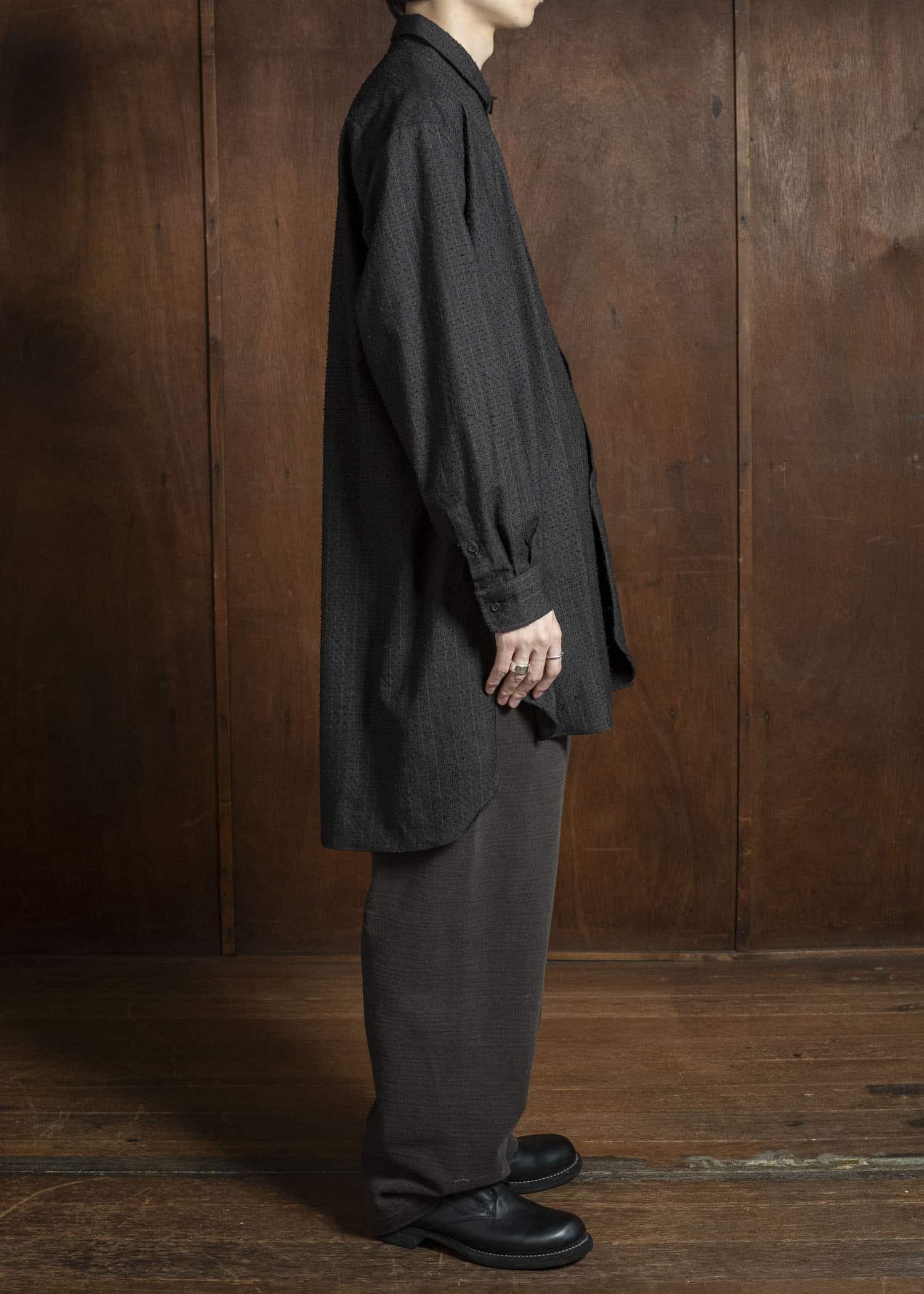 KLASICA 25F-SH39-C20 SH-039 - fn Relaxed Fit Wool Long Shirts IRON BROWN STRIPES