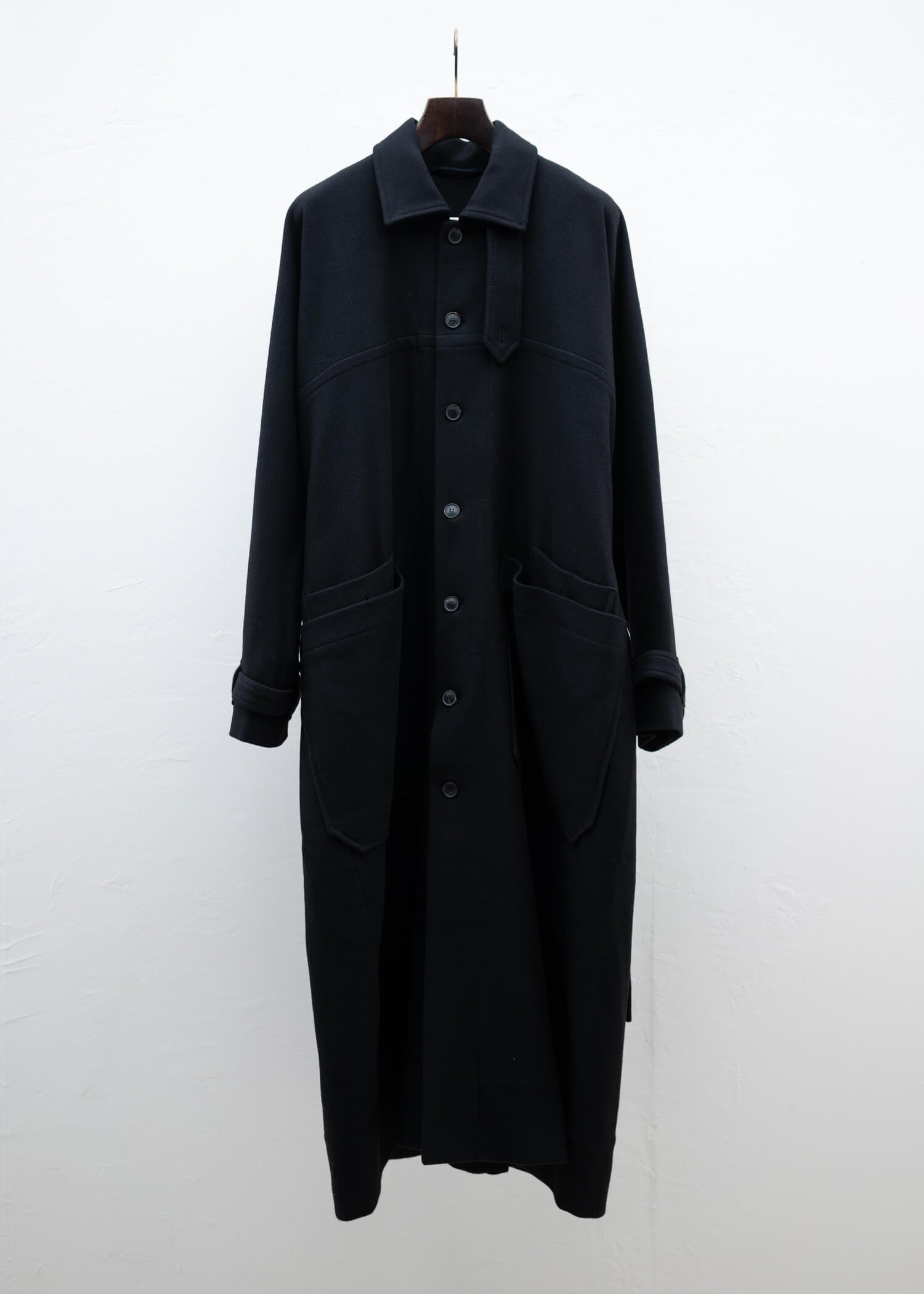 JAN-JAN VAN ESSCHE "COAT#26" TRENCHCOAT STYLE  LONG COAT PITCH BLACK YAK WOOL