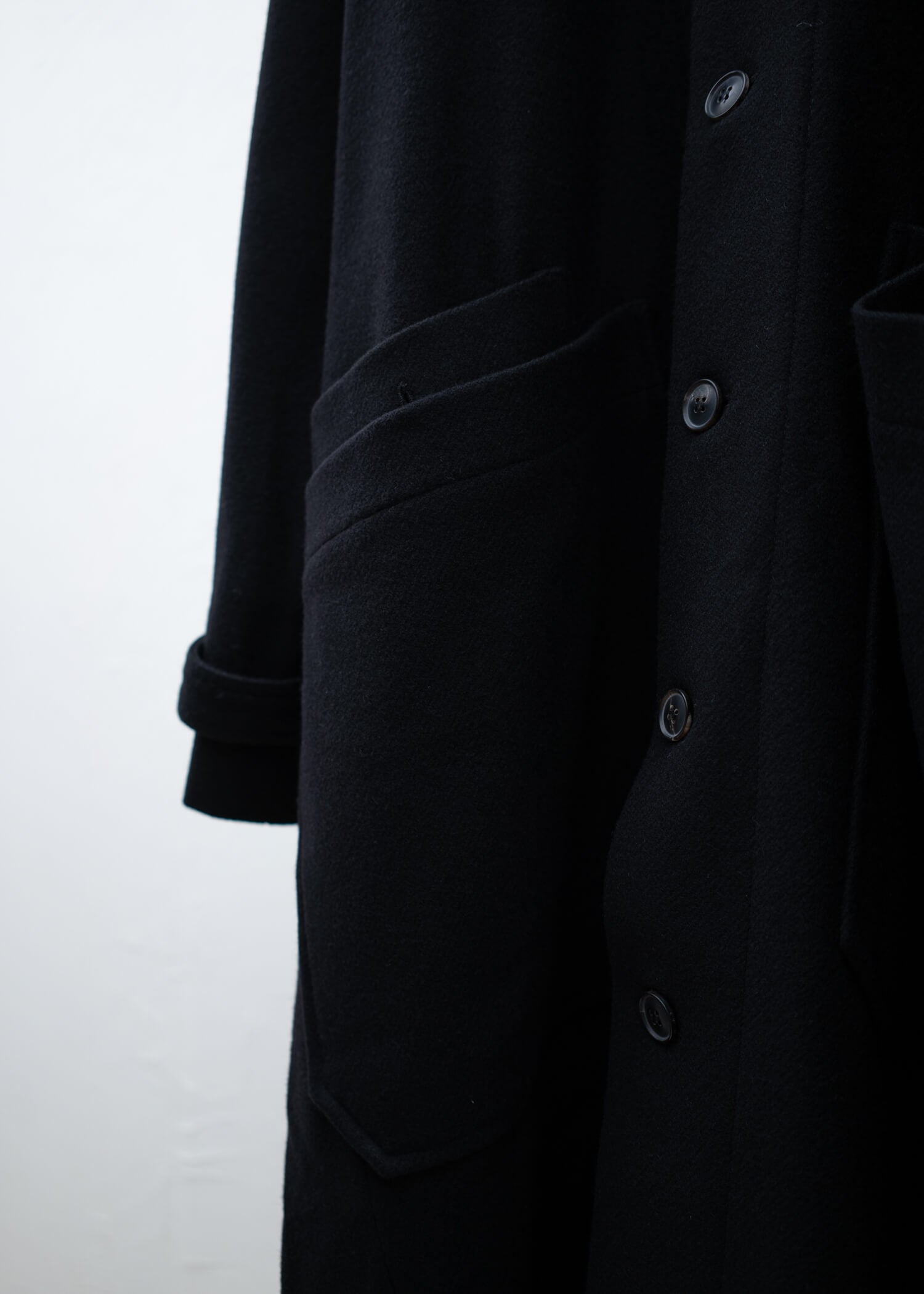 JAN-JAN VAN ESSCHE "COAT#26" TRENCHCOAT STYLE  LONG COAT PITCH BLACK YAK WOOL