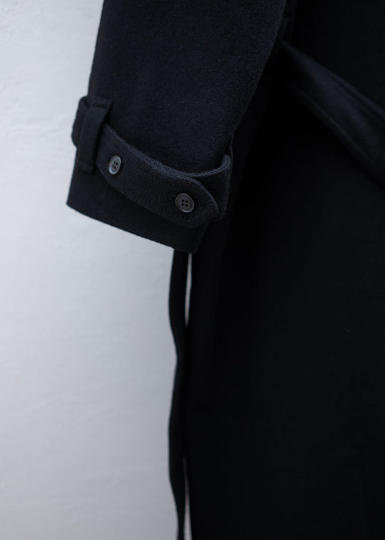 JAN-JAN VAN ESSCHE "COAT#26" TRENCHCOAT STYLE LONG COAT PITCH BLACK YAK WOOL