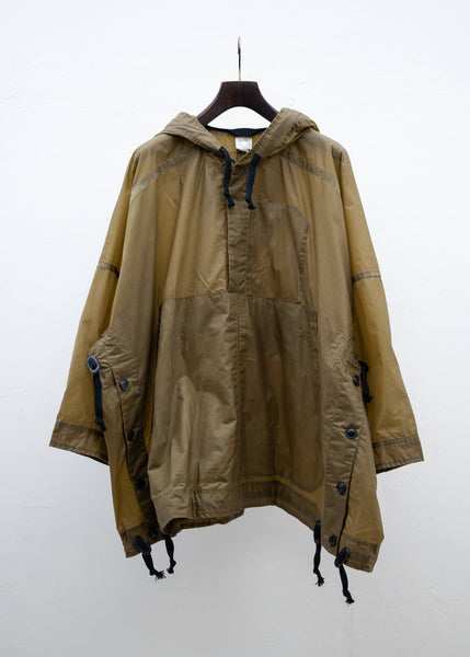 JAN-JAN VAN ESSCHE "JACKET#54" OVERSIZED HOODED PULLOVER JACKET YELLOW OLIVE WAXED COTTON