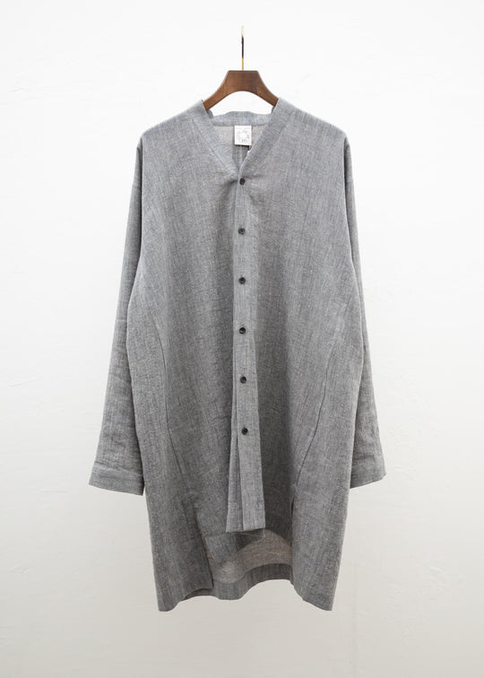 JAN-JAN VAN ESSCHE "SHIRT#91" V-NECK MID LENGTH SHIRT GRAY MELE LINEN COTTON WOOL CHAMBRAY