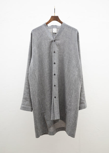 JAN-JAN VAN ESSCHE "SHIRT#91" V-NECK MID LENGTH SHIRT GREY MELE LINEN COTTON WOOL CHAMBRAY