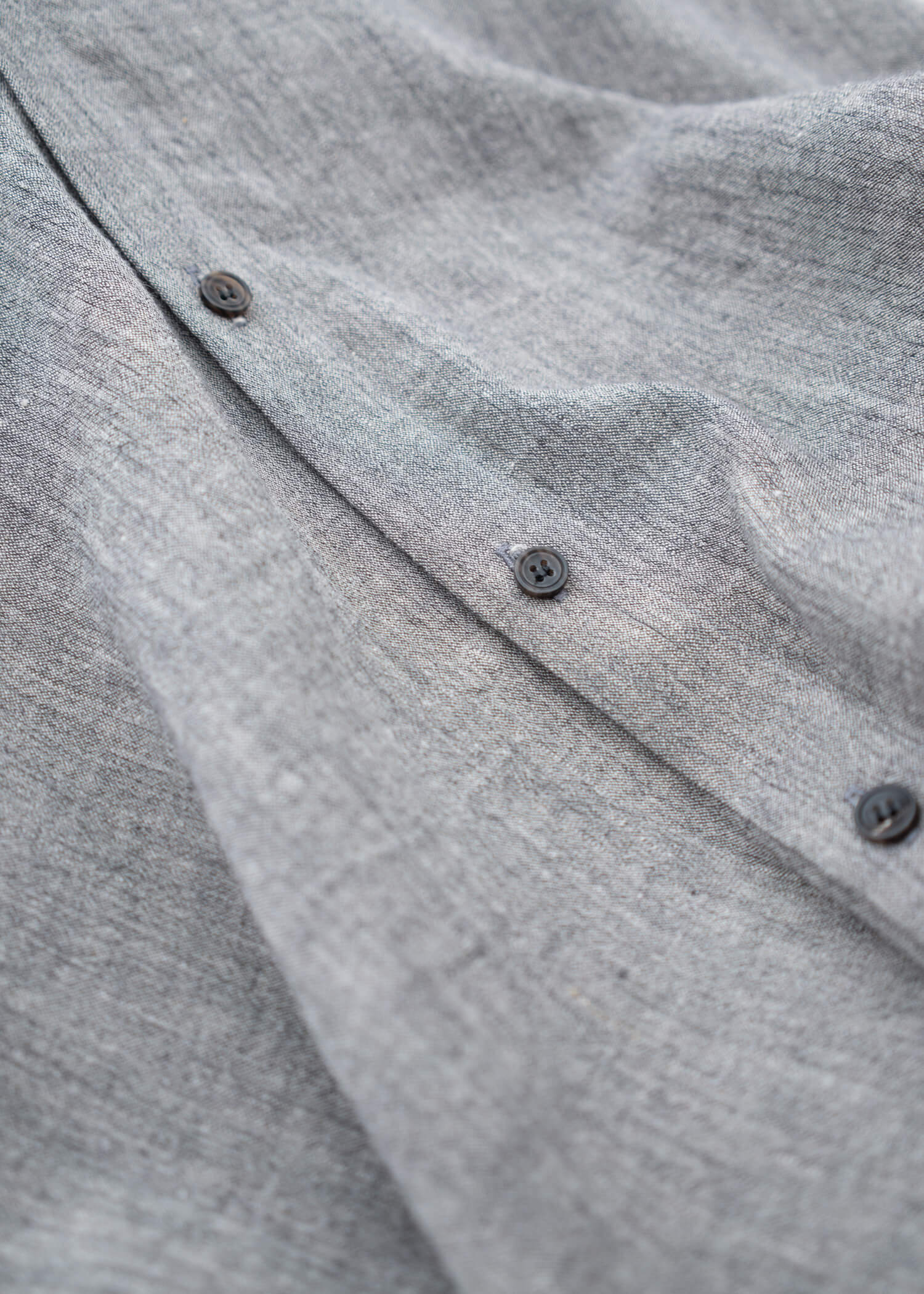 JAN-JAN VAN ESSCHE "SHIRT#91" V-NECK MID LENGTH SHIRT GREY MELE LINEN COTTON WOOL CHAMBRAY