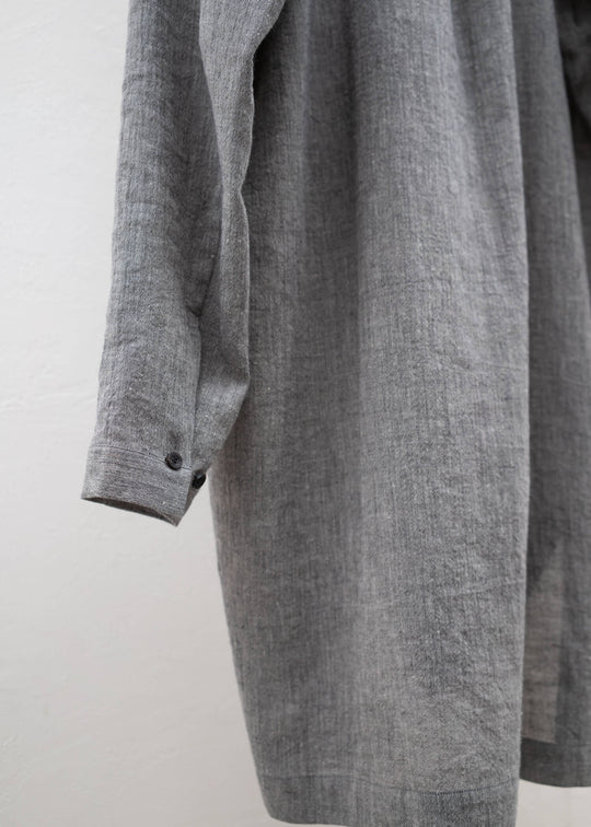 JAN-JAN VAN ESSCHE "SHIRT#91" V-NECK MID LENGTH SHIRT GRAY MELE LINEN COTTON WOOL CHAMBRAY