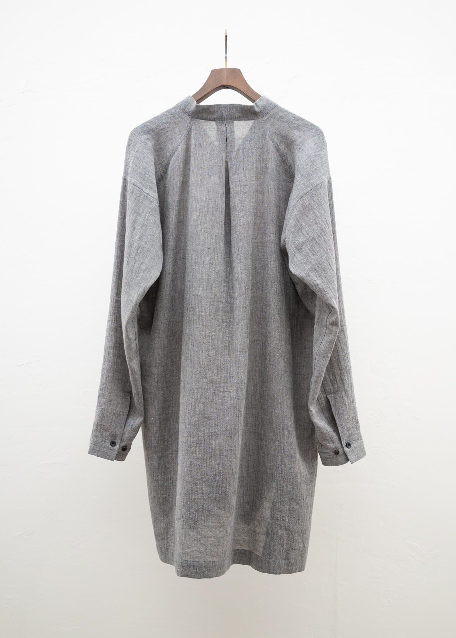 JAN-JAN VAN ESSCHE "SHIRT#91" V-NECK MID LENGTH SHIRT GREY MELE LINEN COTTON WOOL CHAMBRAY