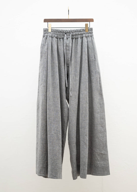 JAN-JAN VAN ESSCHE "TROUSERS#77" LOOSE FIT SINGLE PLEATED TROUSERS GRAY MELE LINEN COTTON WOOL CHAMBRAY