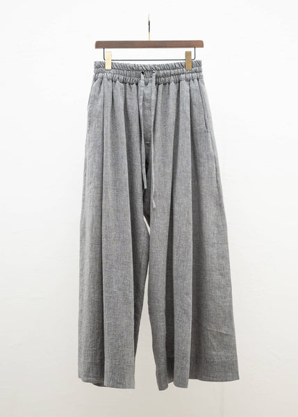 JAN-JAN VAN ESSCHE "TROUSERS#77" LOOSE FIT SINGLE PLEATED TROUSERS GREY MELE LINEN COTTON WOOL CHAMBRAY