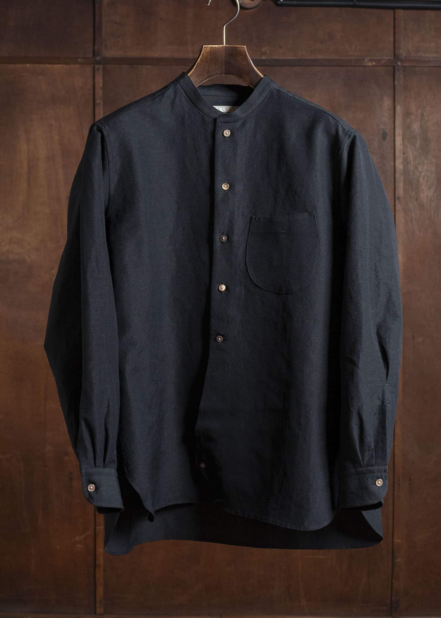 Gorsch 13-2ND-SH02-WL Wool Linen Band Collar Shirt Black