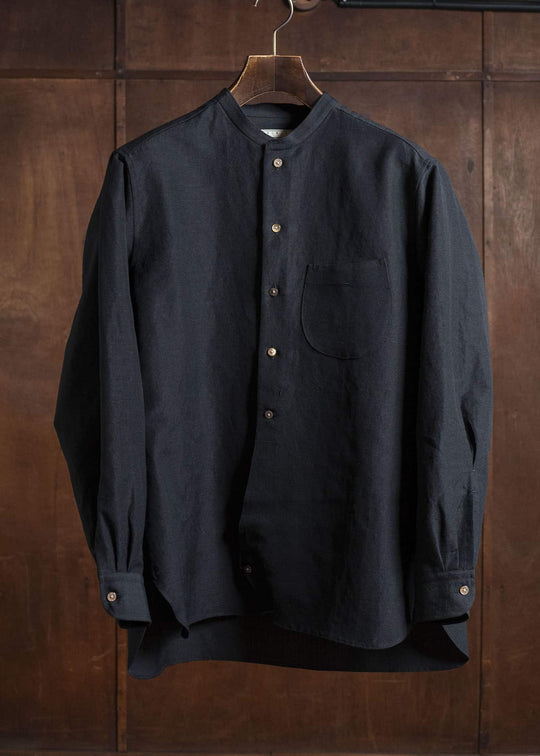 Gorsch 13-2ND-SH02-WL Wool Linen Band Collar Shirt Black