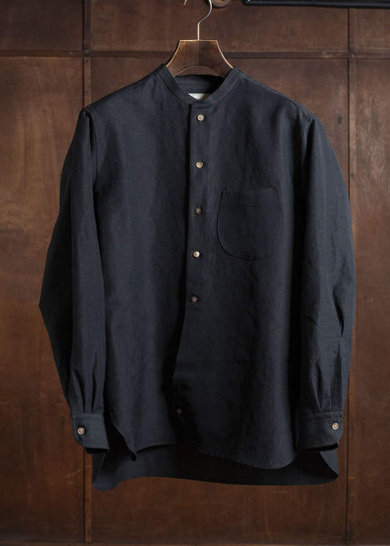Gorsch 13-2ND-SH02-WL Wool Linen Band Collar Shirt Black