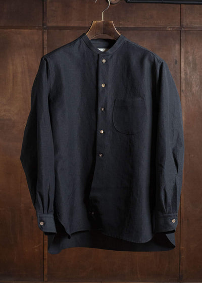 Gorsch 13-2ND-SH02-WL Wool Linen Band Collar Shirt Black
