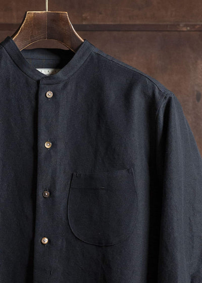 Gorsch 13-2ND-SH02-WL Wool Linen Band Collar Shirt Black