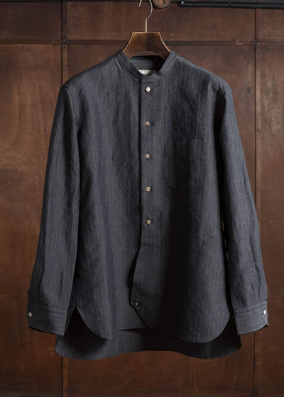 Gorsch 13-2ND-SH02-WL Wool Linen Band Collar Shirt Grey Stripe