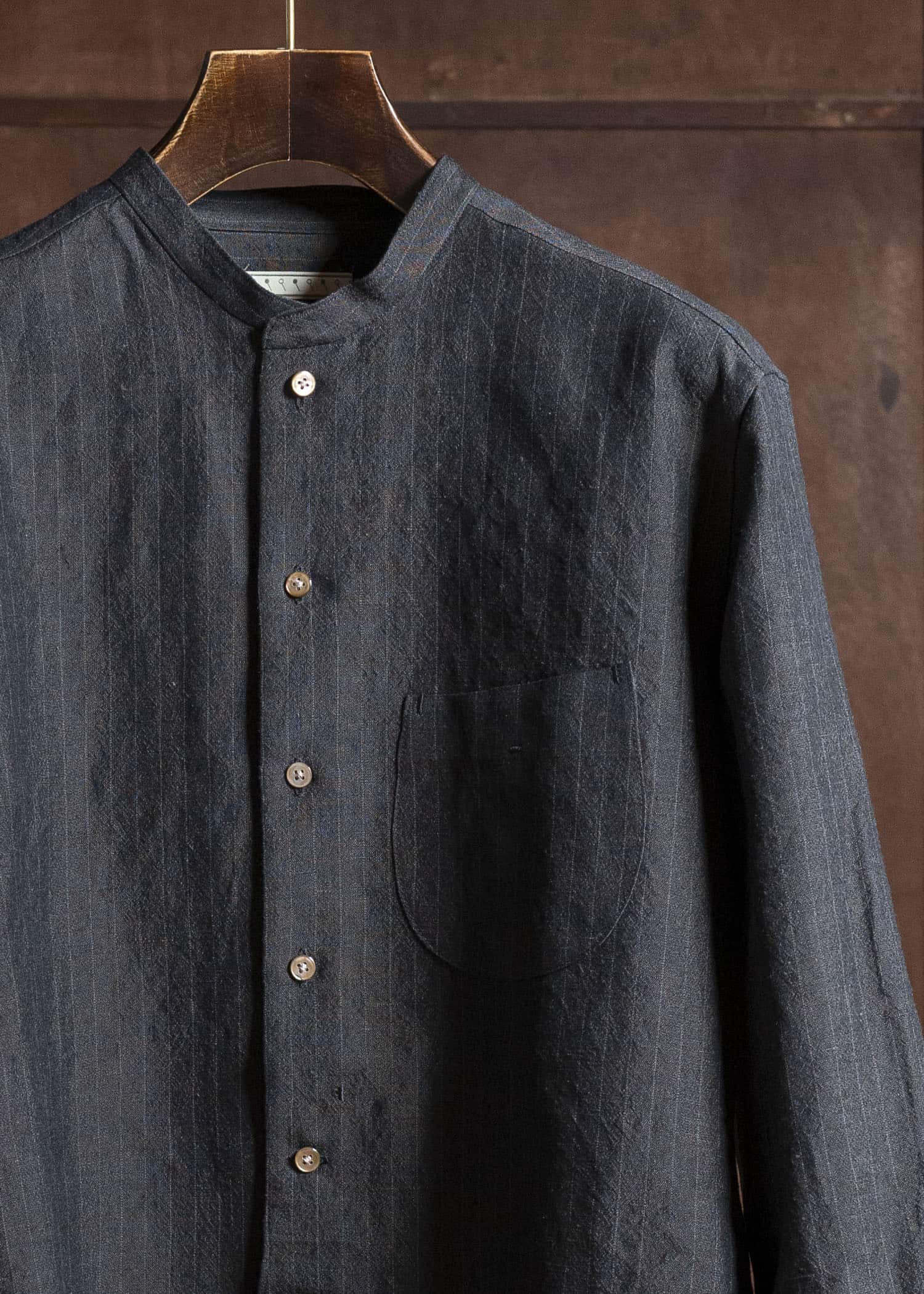 Gorsch 13-2ND-SH02-WL Wool Linen Band Collar Shirt Gray Stripe