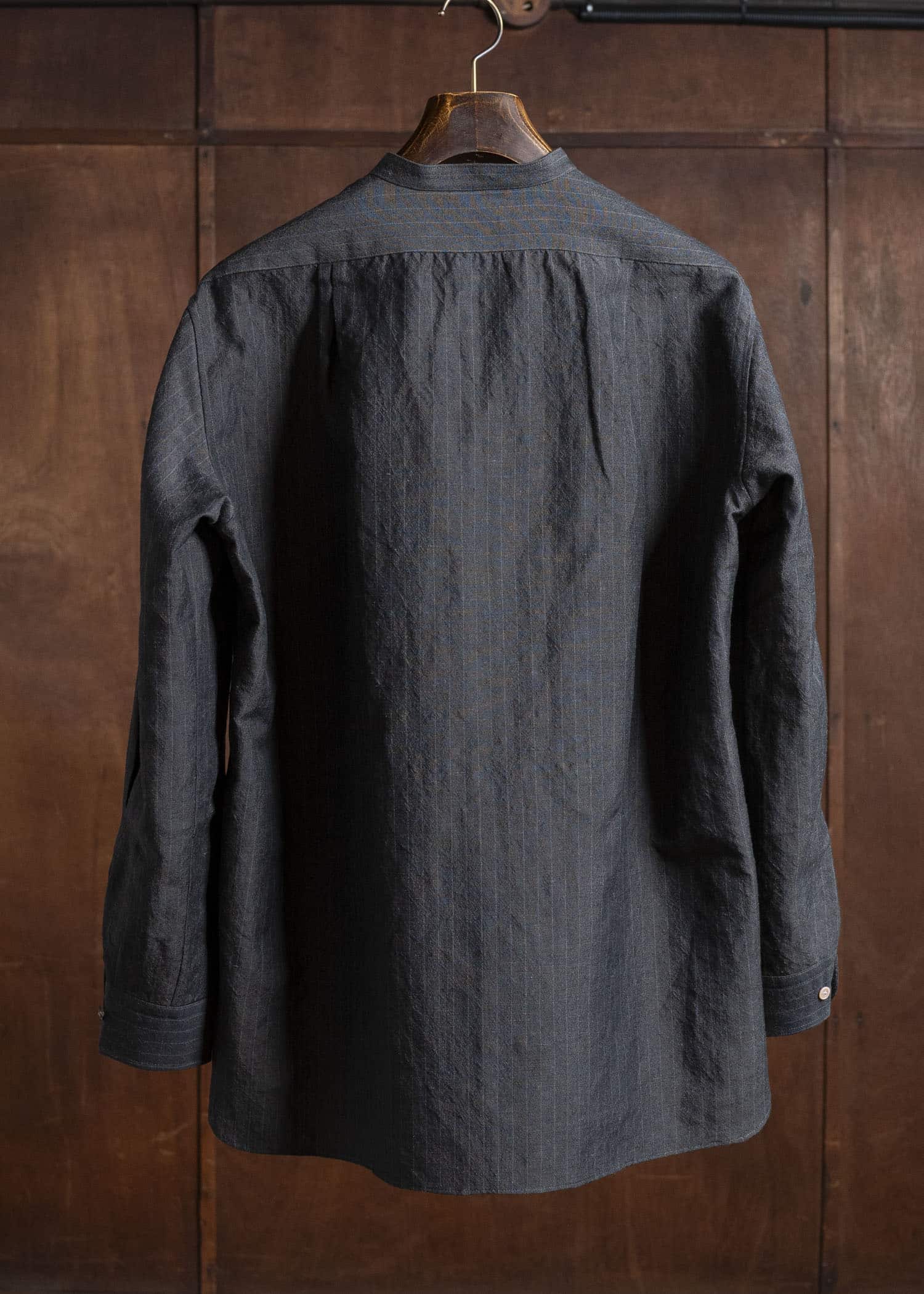 Gorsch 13-2ND-SH02-WL Wool Linen Band Collar Shirt Gray Stripe