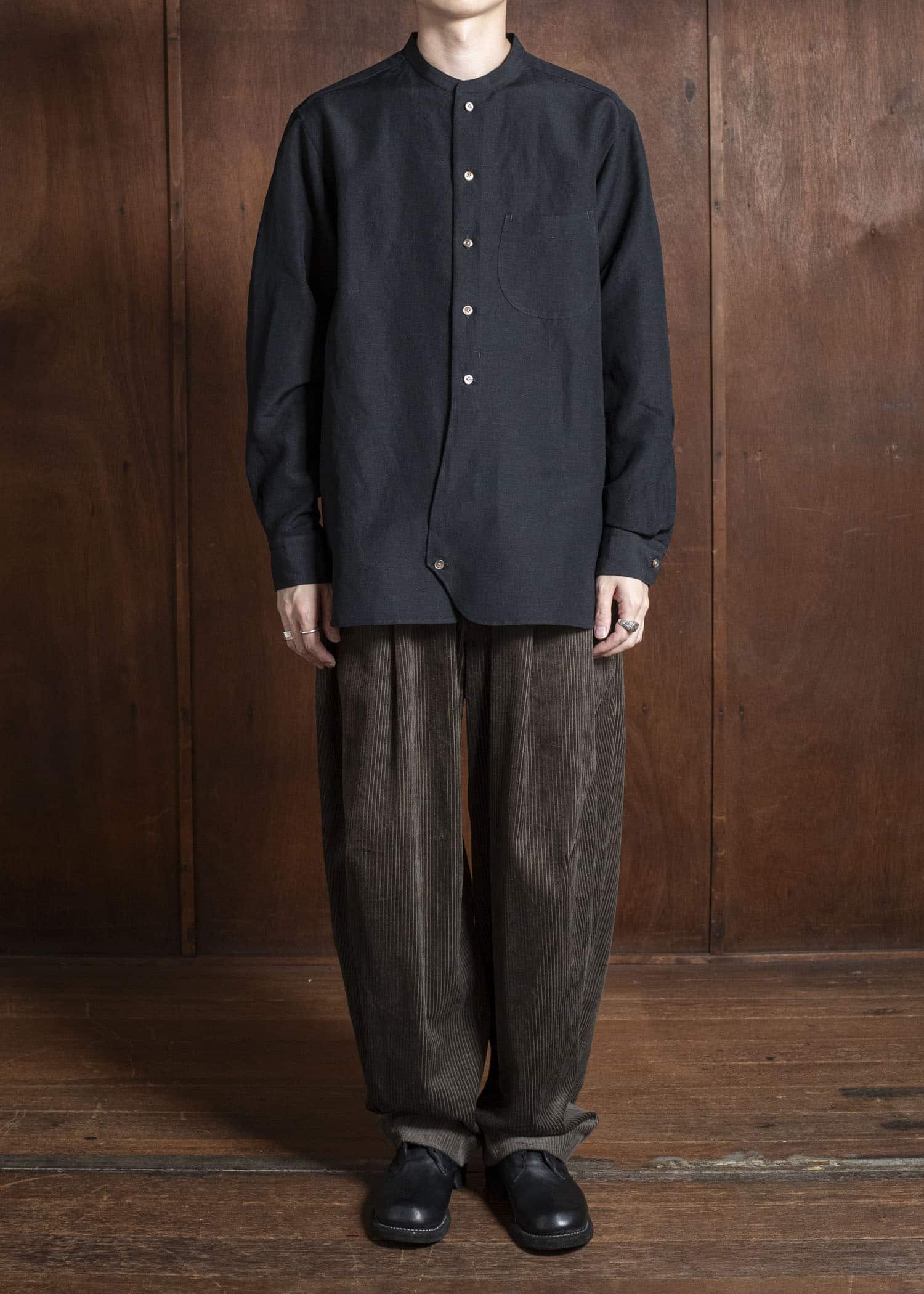 Gorsch 13-2ND-SH02-WL Wool Linen Band Collar Shirt Black