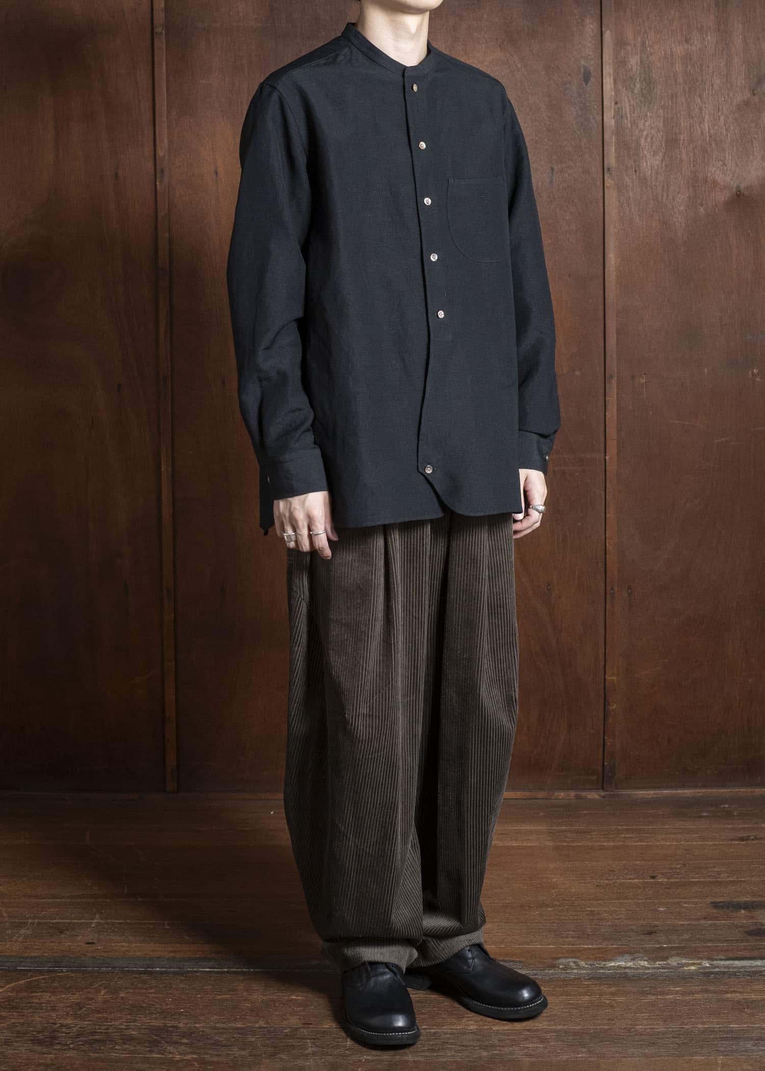 Gorsch 13-2ND-SH02-WL Wool Linen Band Collar Shirt Black