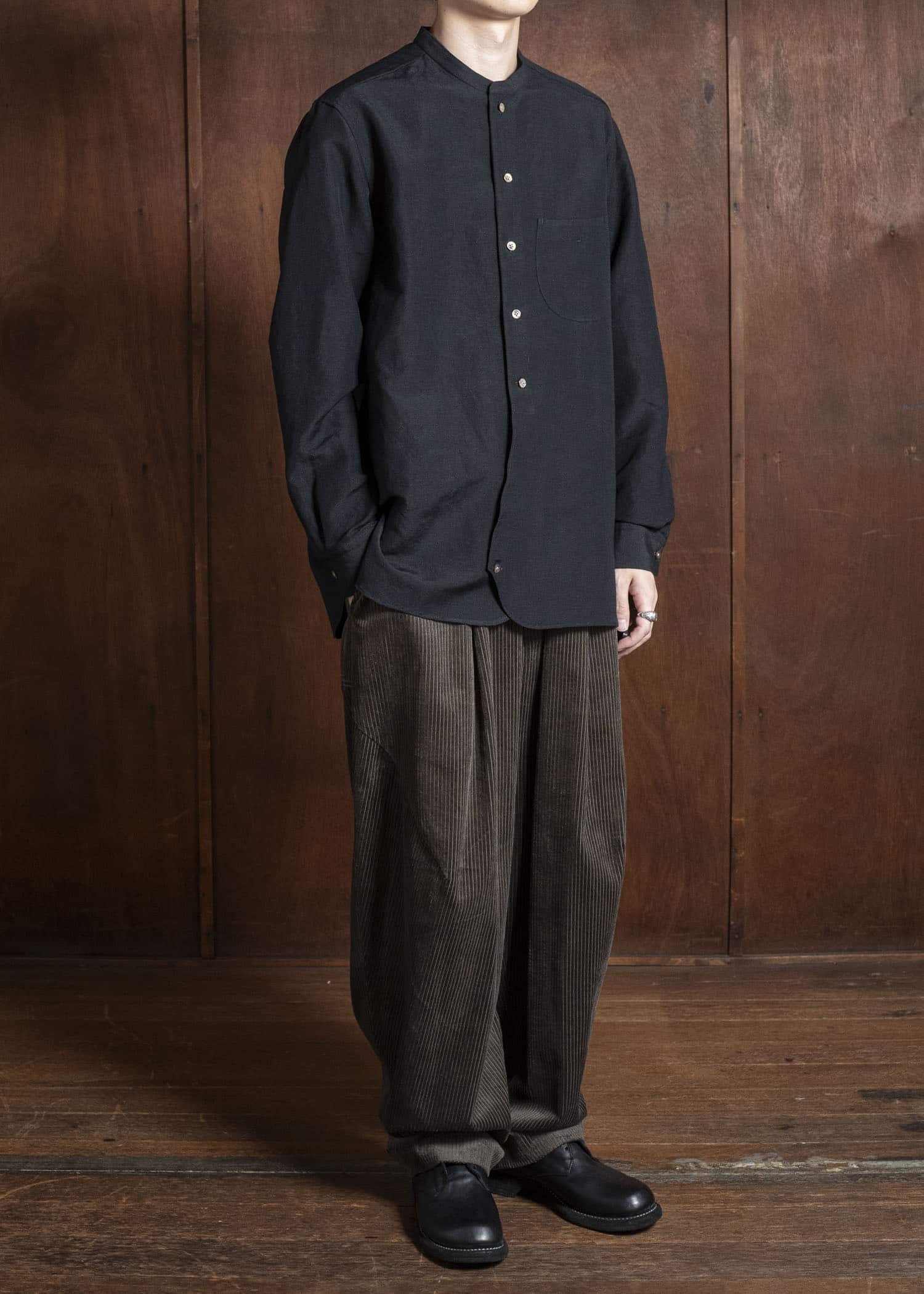 Gorsch 13-2ND-SH02-WL Wool Linen Band Collar Shirt Black