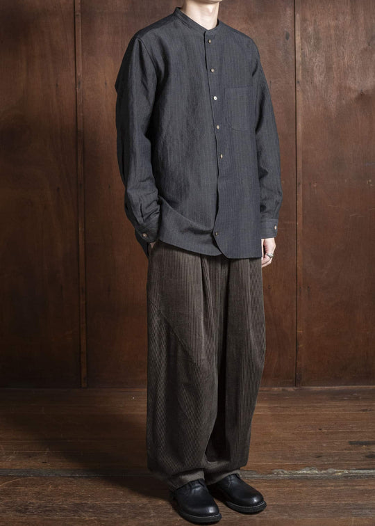 Gorsch 13-2ND-SH02-WL Wool Linen Band Collar Shirt Gray Stripe