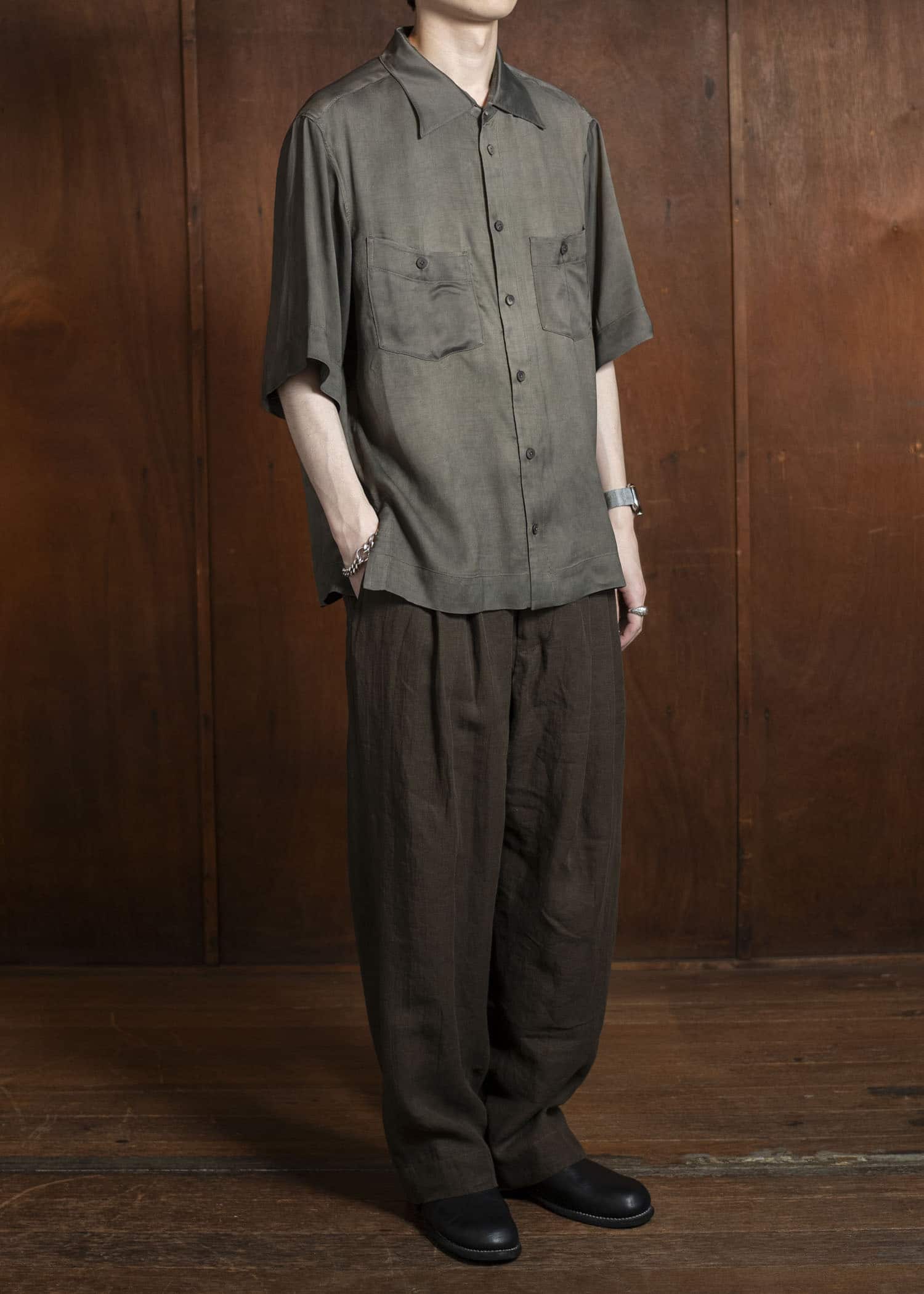 ZIGGY CHEN 0M2510526 Front Pleats Wide Leg Trousers DARK OLIVE