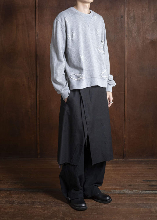 Professor.E DOUBLE V DESTROYED SWEATER GRAY 25FW-PE-TTL-01