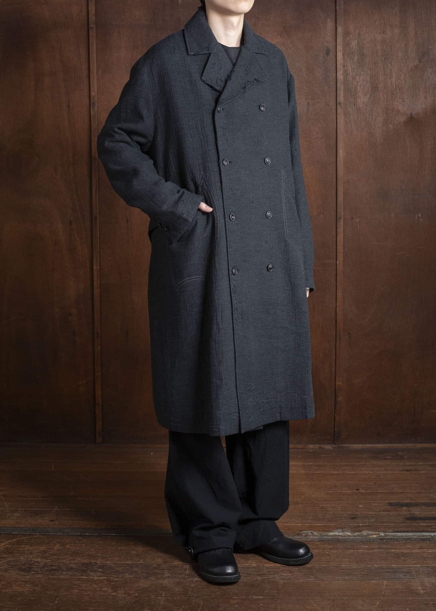 Professor.E SHEPERD DOUBLE BREASTED DISTRESSED COAT DARK GRAY 25FW-PE-LC-01