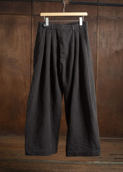 JAN-JAN VAN ESSCHE TROSERS #87 DOUBLE PLEATED TROUSERS Ridged Linen Wool Eggplant / Indigo