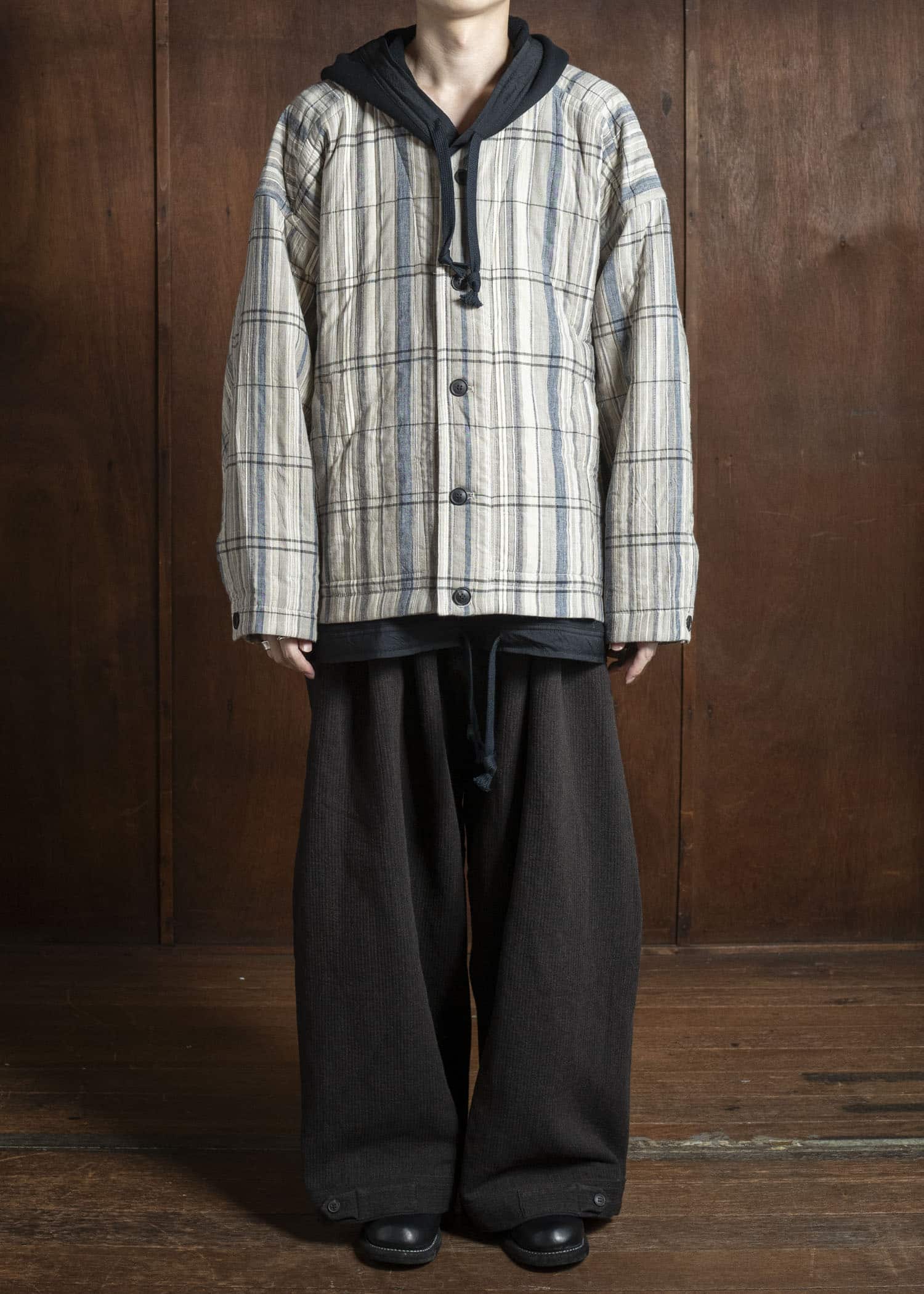 JAN-JAN VAN ESSCHE TROSERS #87 DOUBLE PLEATED TROUSERS Ridged Linen Wool Eggplant / Indigo