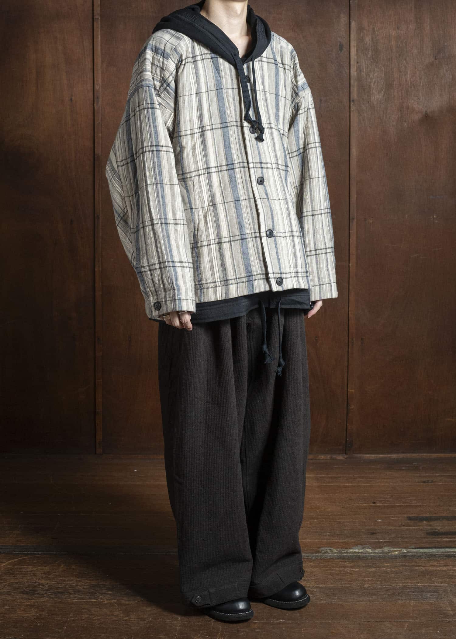 JAN-JAN VAN ESSCHE TROSERS #87 DOUBLE PLEATED TROUSERS Ridged Linen Wool Eggplant / Indigo