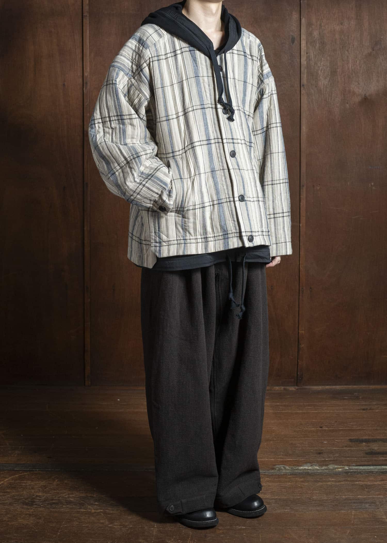 JAN-JAN VAN ESSCHE TROSERS #87 DOUBLE PLEATED TROUSERS Ridged Linen Wool Eggplant / Indigo