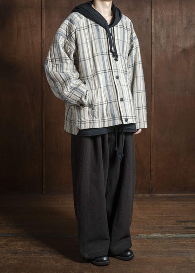 JAN-JAN VAN ESSCHE TROSERS #87 DOUBLE PLEATED TROUSERS Ridged Linen Wool Eggplant / Indigo