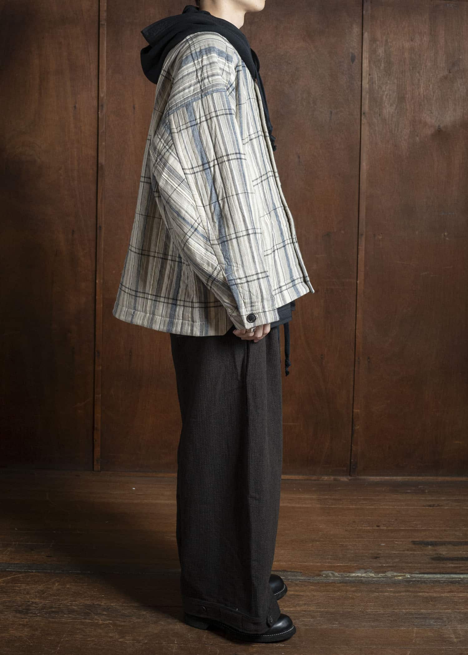 JAN-JAN VAN ESSCHE TROSERS #87 DOUBLE PLEATED TROUSERS Ridged Linen Wool Eggplant / Indigo
