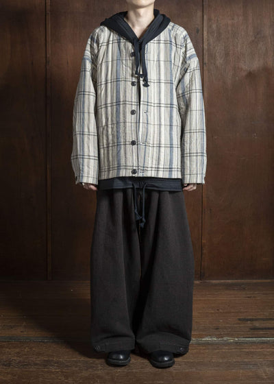 JAN-JAN VAN ESSCHE TROSERS #87 DOUBLE PLEATED TROUSERS Ridged Linen Wool Eggplant / Indigo