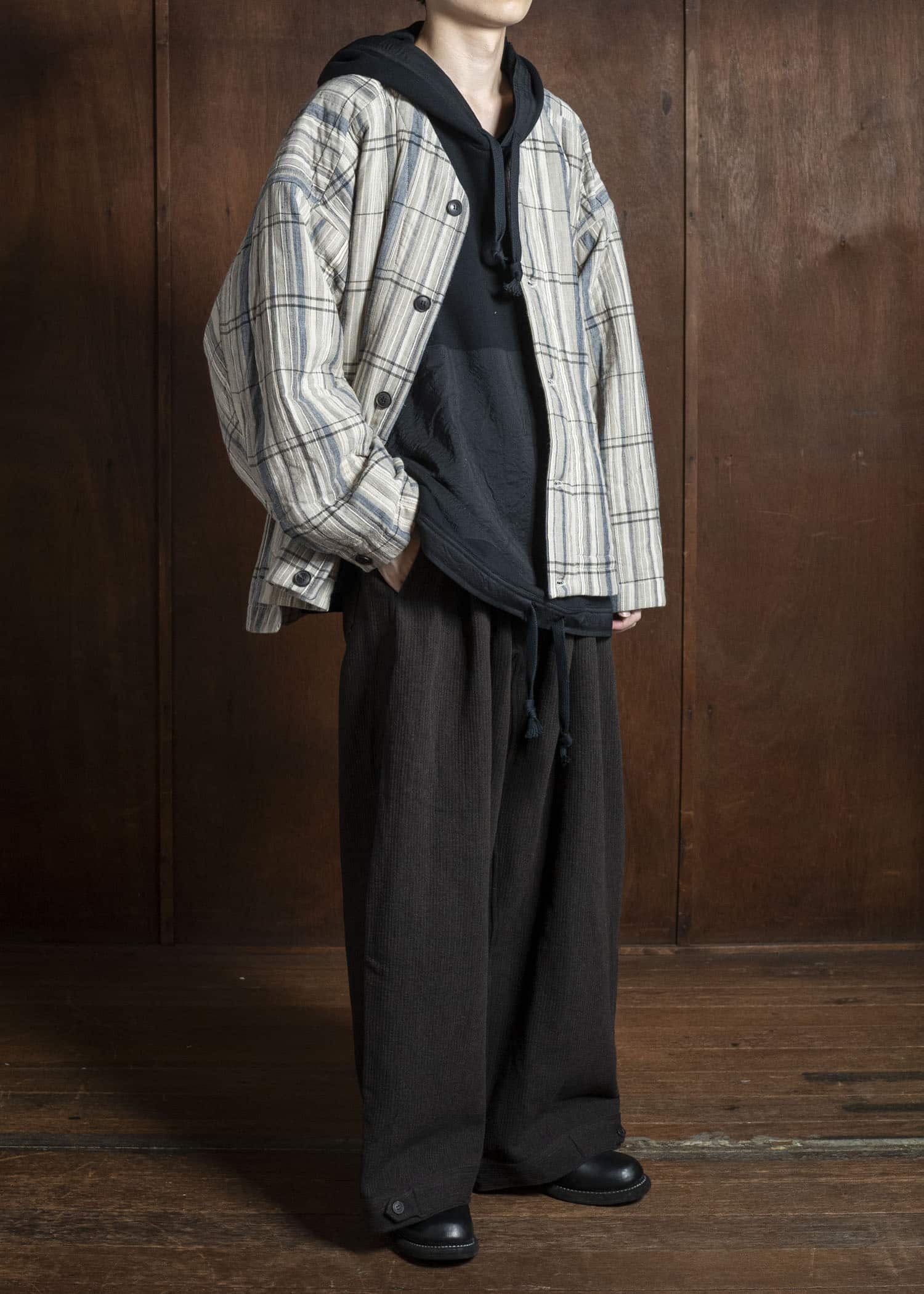 JAN-JAN VAN ESSCHE TROSERS #87 DOUBLE PLEATED TROUSERS Ridged Linen Wool Eggplant / Indigo